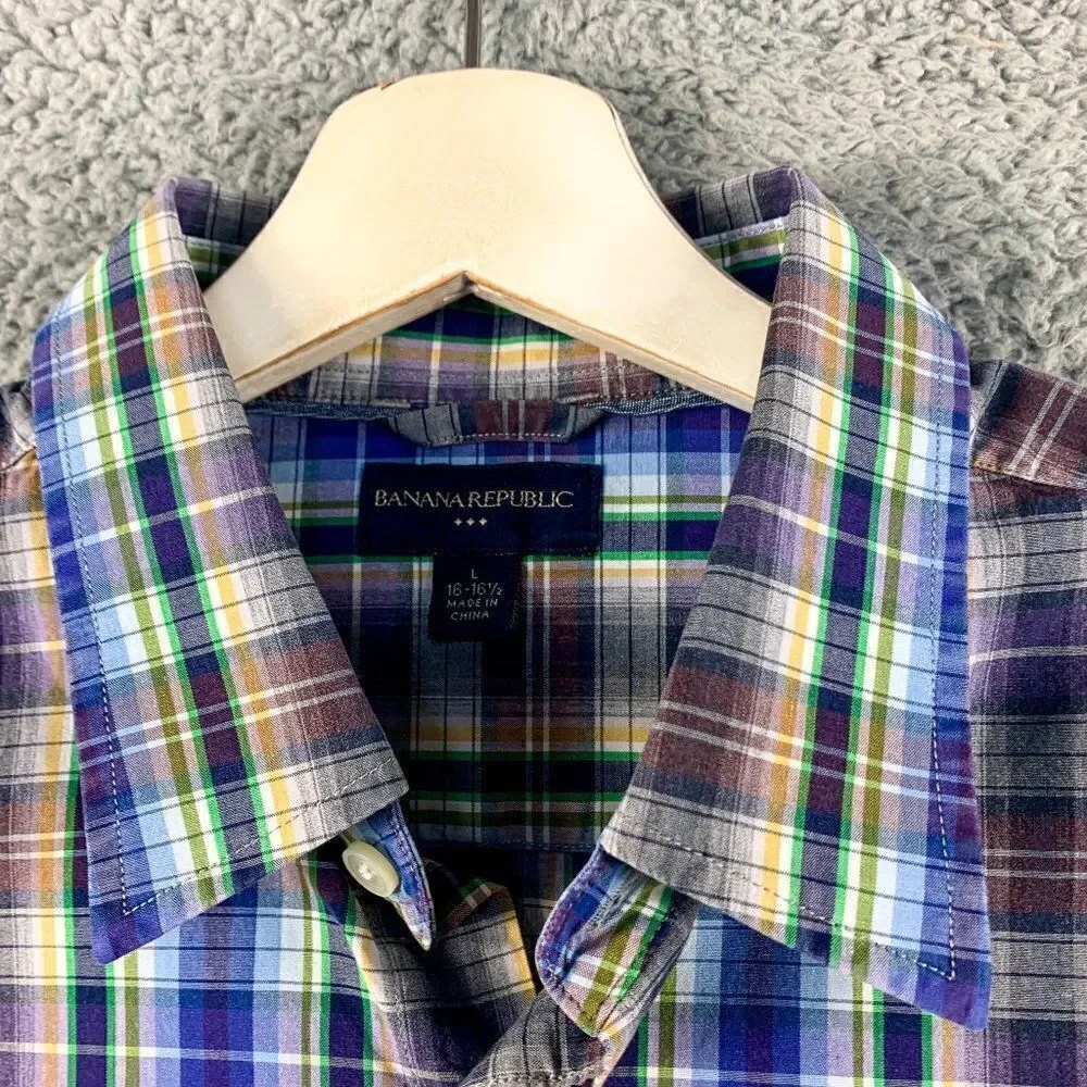Banana Republic Shirt Mens Large Blue Brown Plaid Business‎ Casual Outdoor Camp